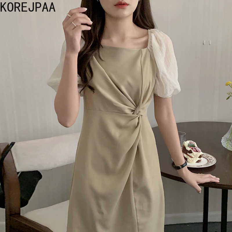 

Korejpaa Women Dress Summer Korean Chic French Temperament Square Neck Mesh Puff Sleeves Stitching Twisted Waist Vestidos 210526, Black