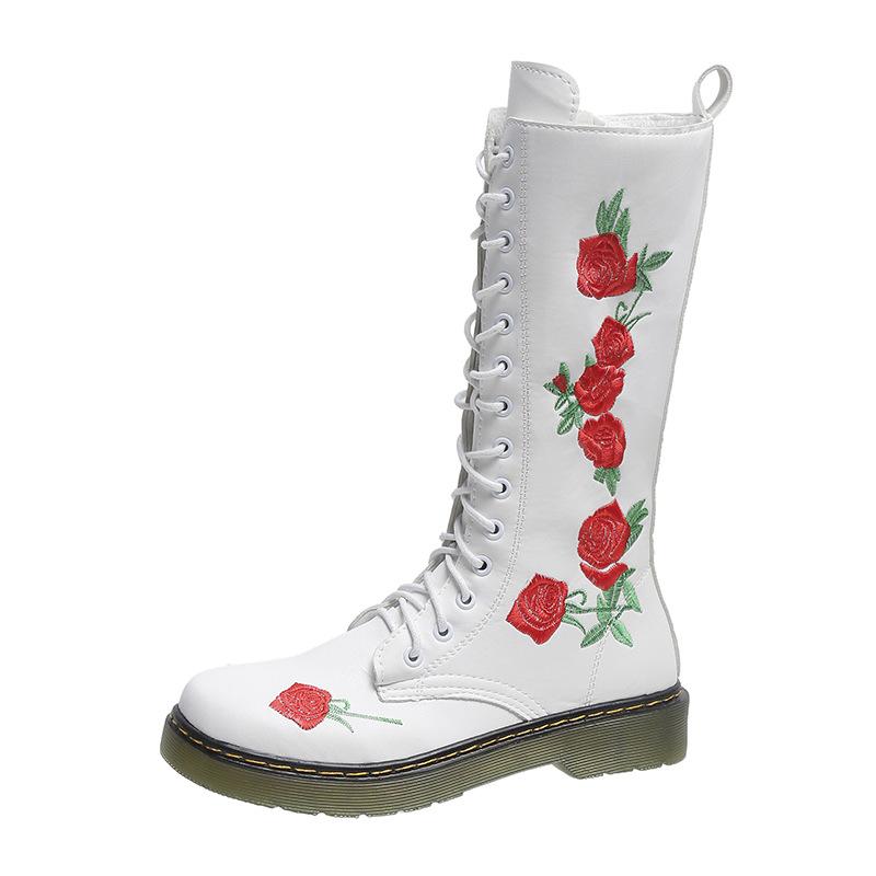 Boots Beige Mid Calf Embroidered Embroidery Big Size Brand Women Winter Genuine Leather Shoes Flower Handmade Flat High Heel