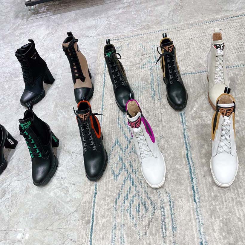 

Designer Boots Women Heel Ankle Boot Martin Chaelsea Booties Leather And Nylon Fabric Lacing Two Materials Triangular Logo Tyre Raised Soles Classic Shoes With Box, #18