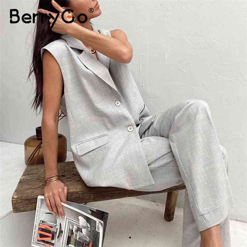 

BerryGo Gray sleeveless woman suits Summer casual loose suit Chic suit collar woman sets Sleeveless top high waist pants suit 210709, Light grey