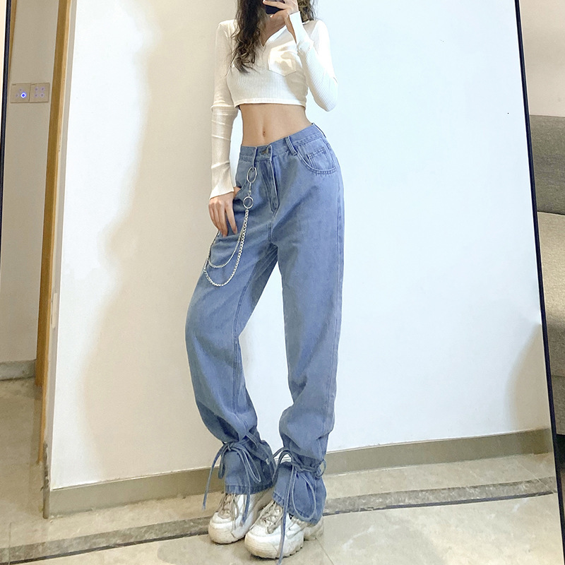 

2021 New High Waist Straight Leg Tie Up Hem Women' Jeans Chain Denim Pants 9ohe, Blue