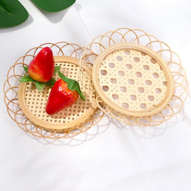 

Bamboo Woven Vintage Flower Shape Hollow Storage Basket Cup Coasters Table Decor
