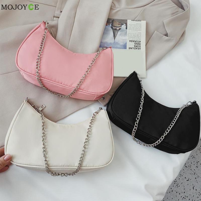 

Fashion Women Purses Handbag Solid Color Casual Underarm Bag Female Chain Shoulder Pouch Ladies Nylon Top-handle Clutches, Beige