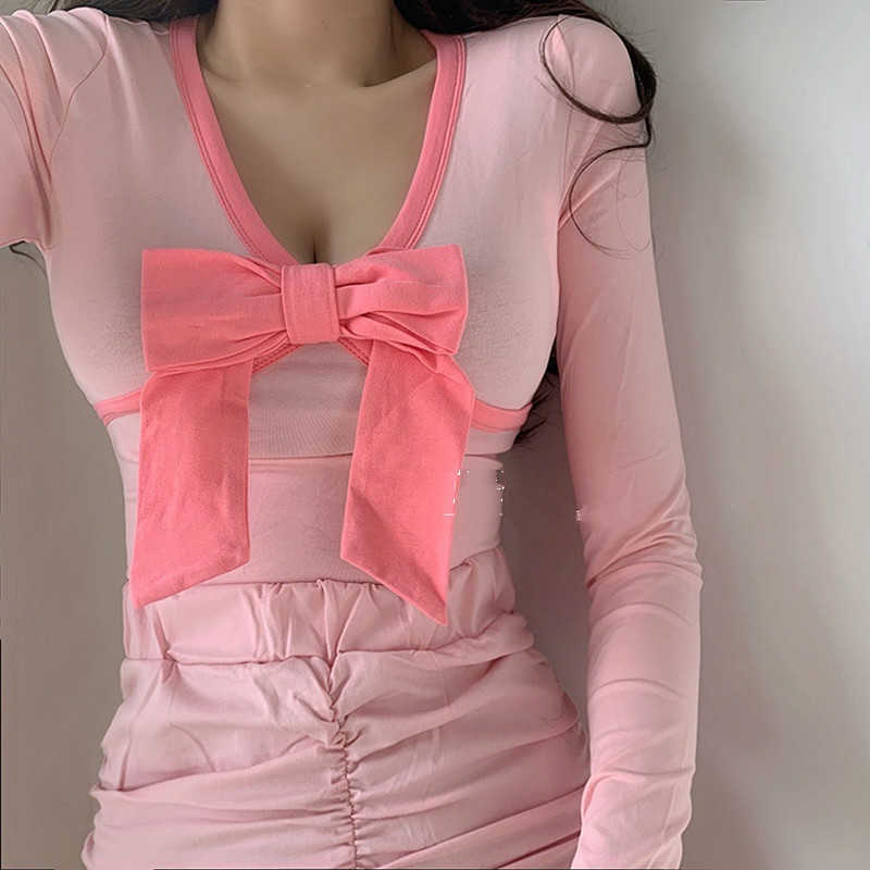 

WOMENGAGA Sweet Girl' Color Patchwork Bow Cotton Full Sleeve T-shirt Bottom Round Neck Tops Sexy Girl Female PDA5 210603, Pink t-shirt