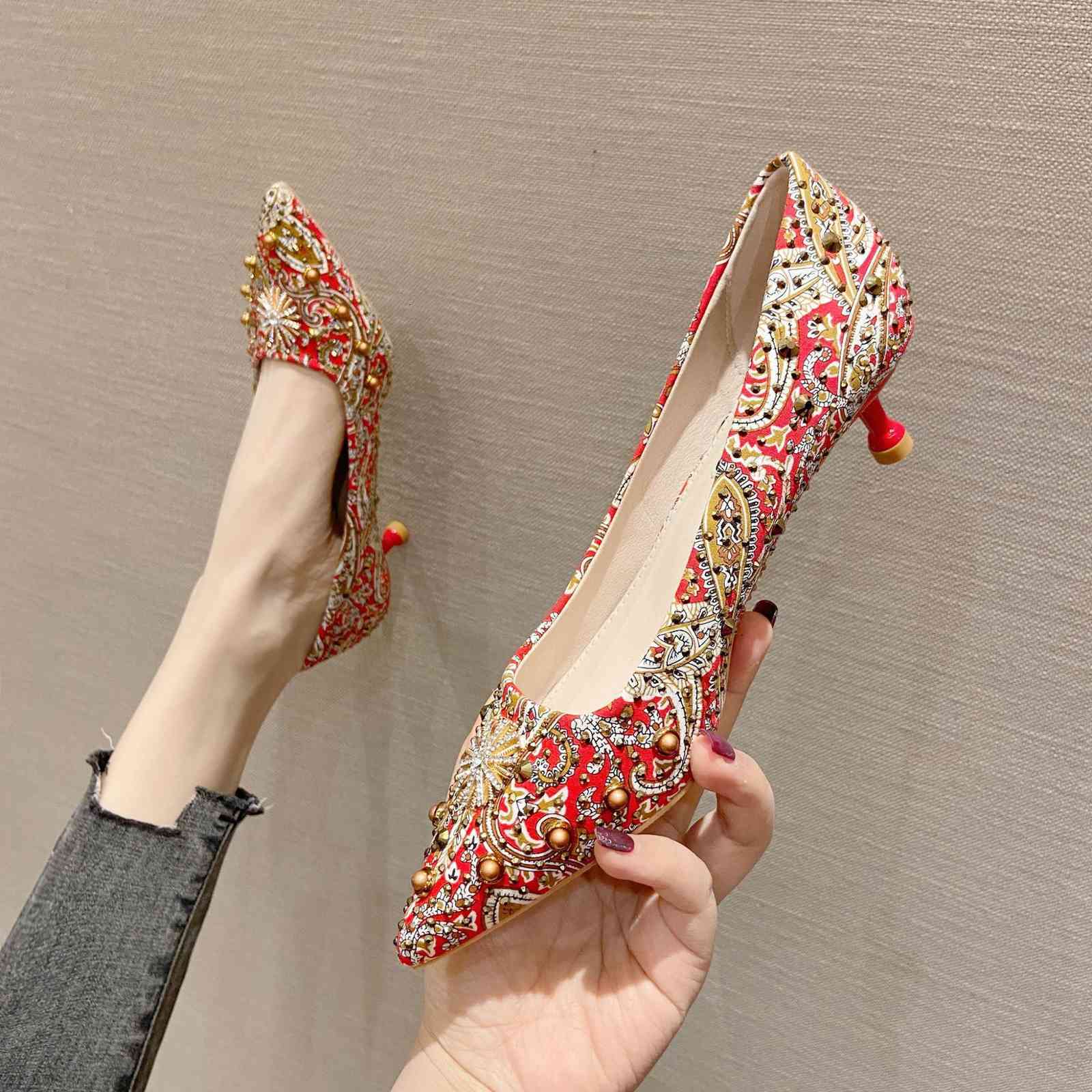 

autumn Dress Shoes Spring and pointed single shoes small heel high s women's middle thin national style rivet diamond wedding ZYII, 1# shoe box