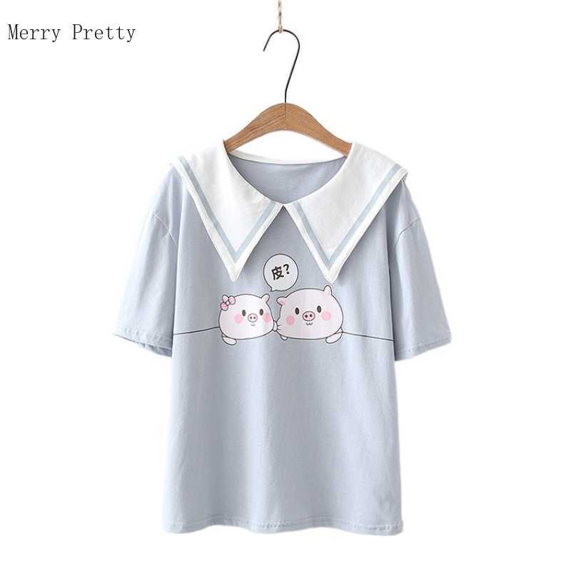 

Women Summer Cotton T Shirts Harajuku Blue Cartoon Printed Loose Casual Tee Shirt Short Sleeve Sweet Style Ladeis Basic Top 210526