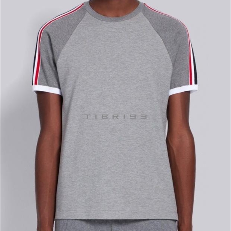 

TB gray bar color matching pure cotton round neck short sleeve T-shirt shoulder red, white blue ribbon splicing men's and, White;black