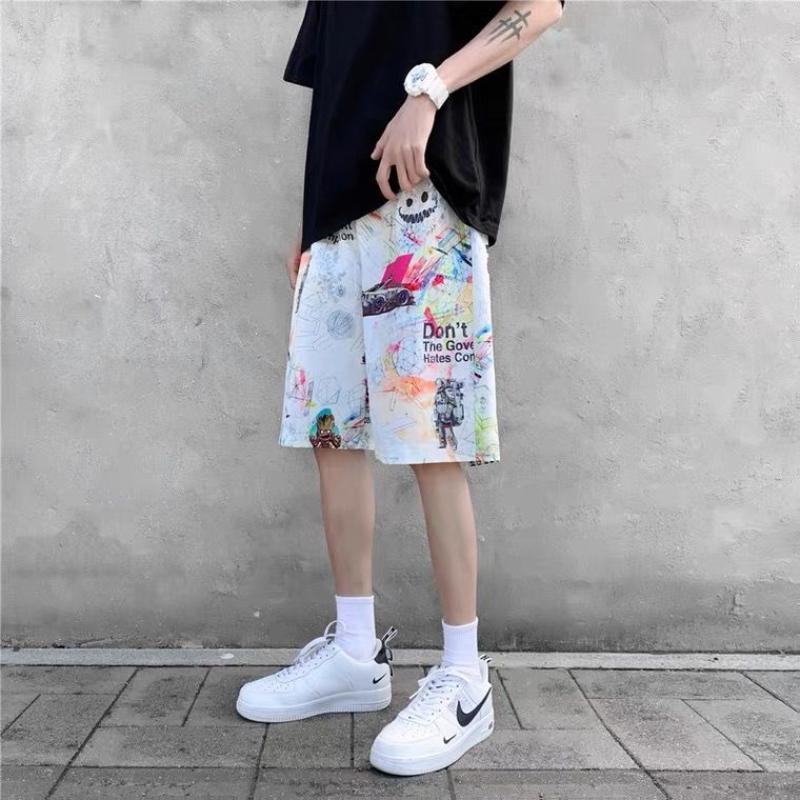 

Men' Shorts Casual Summer Ins Hong Kong Style Fashion Brand Hip Hop Graffiti Student Cropped Pants Thin Loose Beach, Graffiti gray