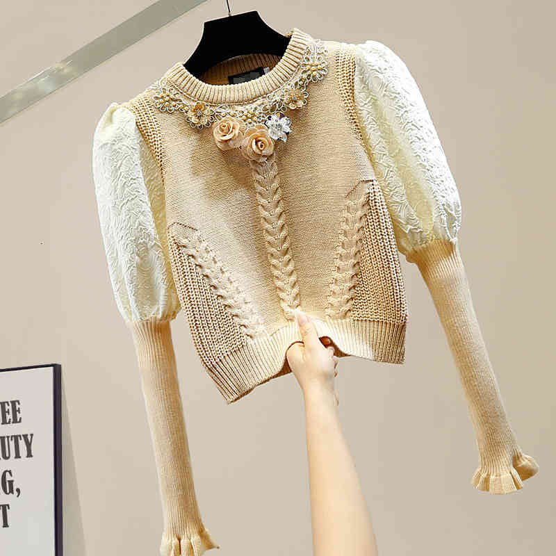 

women's sweaters short floral sweater with sequins and diamonds, vintage female knitted puffing sleeves, fashionable, , ortx, White;black