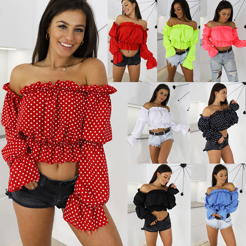 

2021 New Dot Blouse Shirt Women Summer Womens Tops and Blouses Harajuku Top Tee Streetwear Fashion Slash Neck Elegant Plus Size Shirts Mdbq, Dot blue