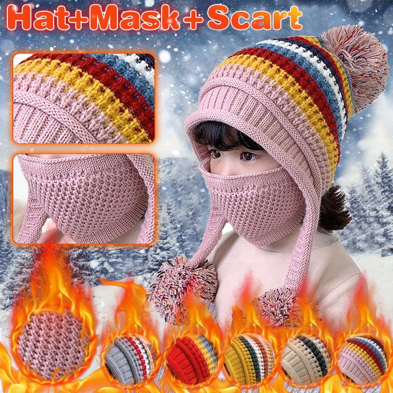

Fashion Kids Knitted Wool Scarf Hat Pompom Cap Set Warm Winter + Face Mask breathable comfortable and soft Sweet and lovely#35, Rd