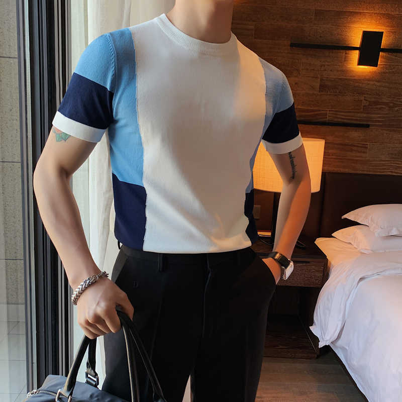 

Men's T Shirt Short-sleeved Knitted T Shirts British Slim Fit Round Neck Ice Silk T-shirt Color Contrast Casual Tee Tops 210527, Black
