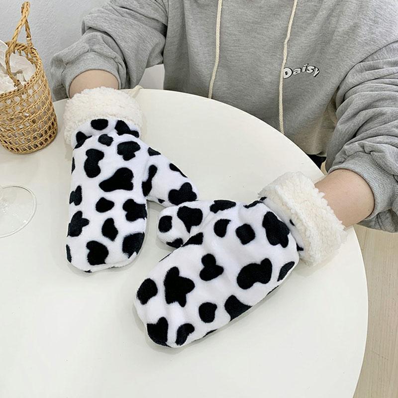 

Five Fingers Gloves 2021 Winter Keep Warm Cold Plus Women's Cute Thick Plush Zebra Print Leopard Halter Mittens Windproof Cycling