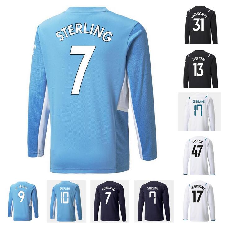 

2021 2022 Long sleeve GREALISH G. JESUS DE BRUYNE soccer jerseys 21 22 home STERLING FERRAN FODEN MAHREZ BERNARDO MENDY RÃBEN Customized foo, Black;yellow