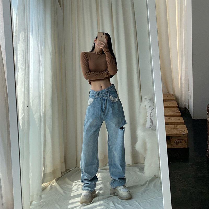 

2021 New Woman Jeans Ripped High Waist Clothes Wide Leg Denim Clothing Streetwear Vintage Quality Fashion Harajuku Straight Pants T6pm, Blue