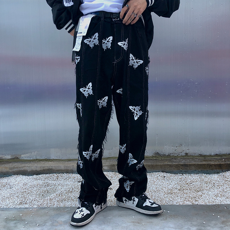 

2021 New Harajuku Borboleta Impresso Borla De Brim Casuais Dos Homens Zper Voar Em Linha Reta Baggy Denim Calas Streetwear Lavado Retro Uorc, Pic color
