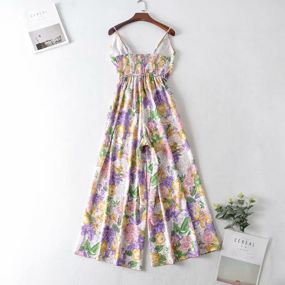 

2021 Ruffles V neck Flower print Wide Leg Jumpsuit Women Lace up Waist Spaghetti Strap Rompers Back Elastic Long Pants Overalls, Red