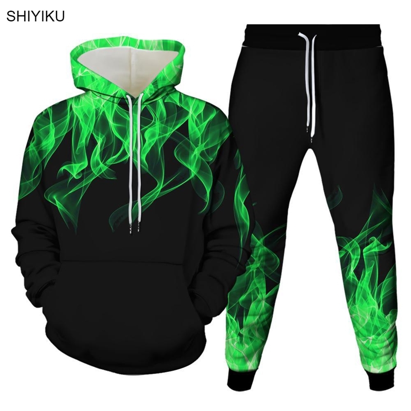 

SHIYIKU 2021 Fashion 2 Piece Flame 3D Printing New Unisex Hoodie Jogging Pants Brand Men's Pullover Hooded Sweatshirt Couple Set, Black