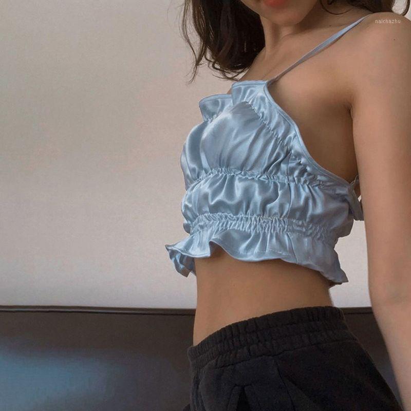 

Women' Tanks & Camis Womens Spaghetti Strap Ruffles Crop Top Sexy Off Shoulder Backless Slim Camisole Elastic Pleated Striped Sling Vest, Black