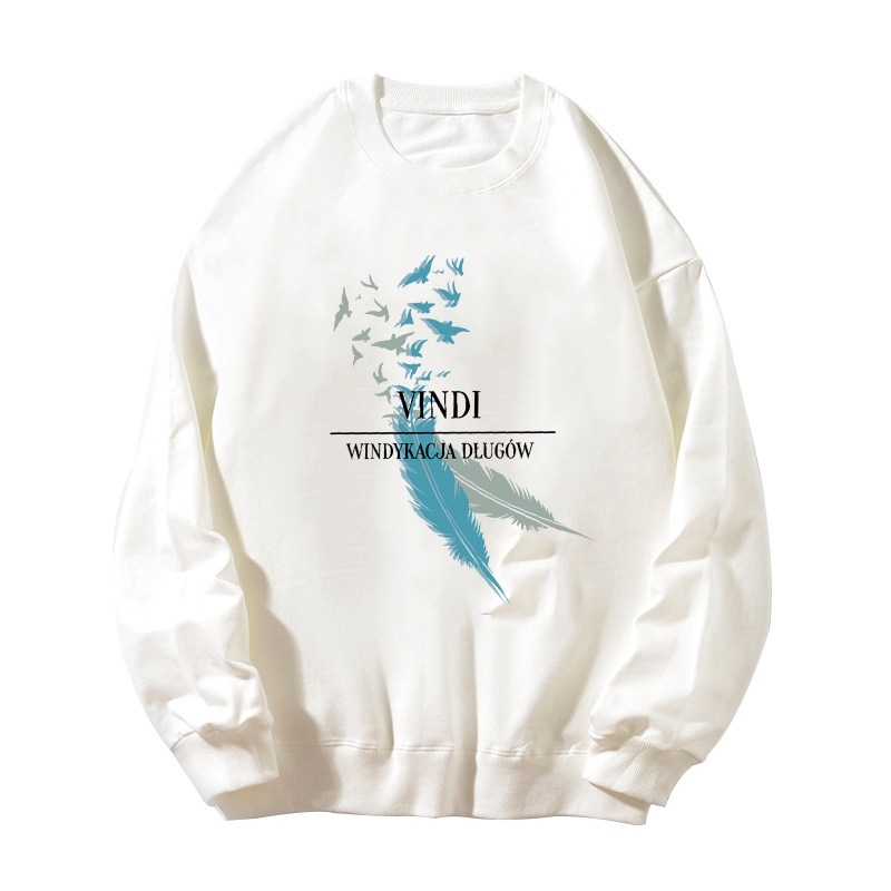 

Spring and autumn thin 280g small Terry long sleeve bottoming shirt feather printing trend loose Korean round neck sweater men, White