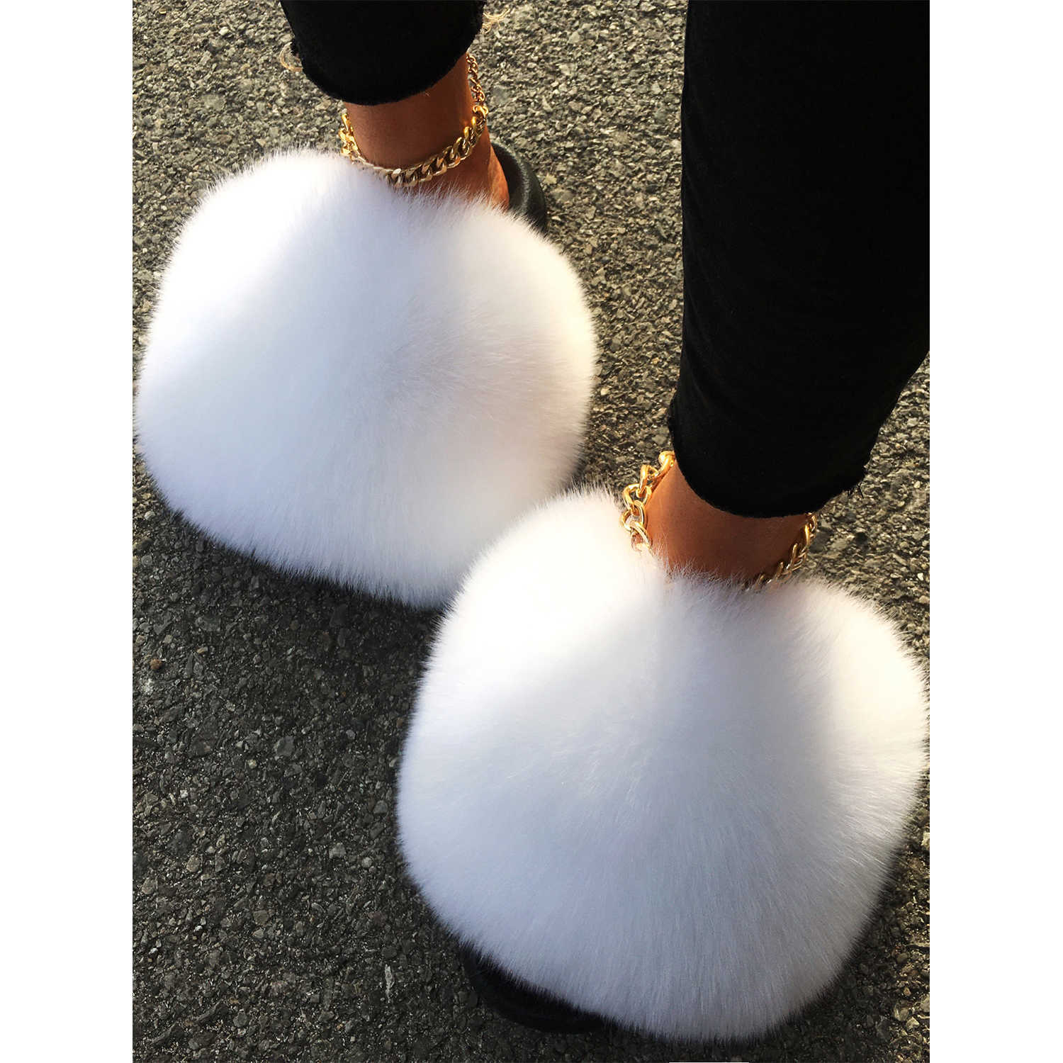 

Akexiya 2021 Women's Furry Slippers white Ladies Vogue Hair Fluffy Slides Women's Fur Sliders Flat shoes women Spring summer Y0902, Box
