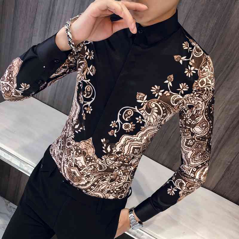 

Luxury Royal Shirt Men Casual Slim Fit Long Sleeve Men Paisley Print Shirt Camisa Social Masculina Manga Longa Prom Party Shirt 210628, Gold black