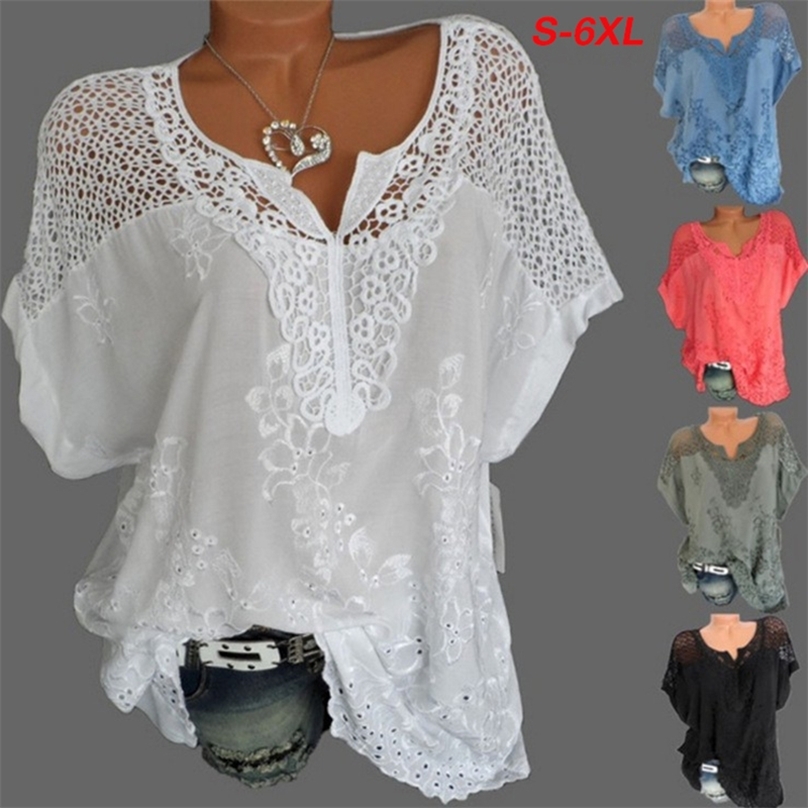 

Plus Size Lace Women T-Shirt Summer Cotton Fashing Tops V-Neck Bat Sleeve Embroidery High Quality Shirt S-6XL 210720, Red