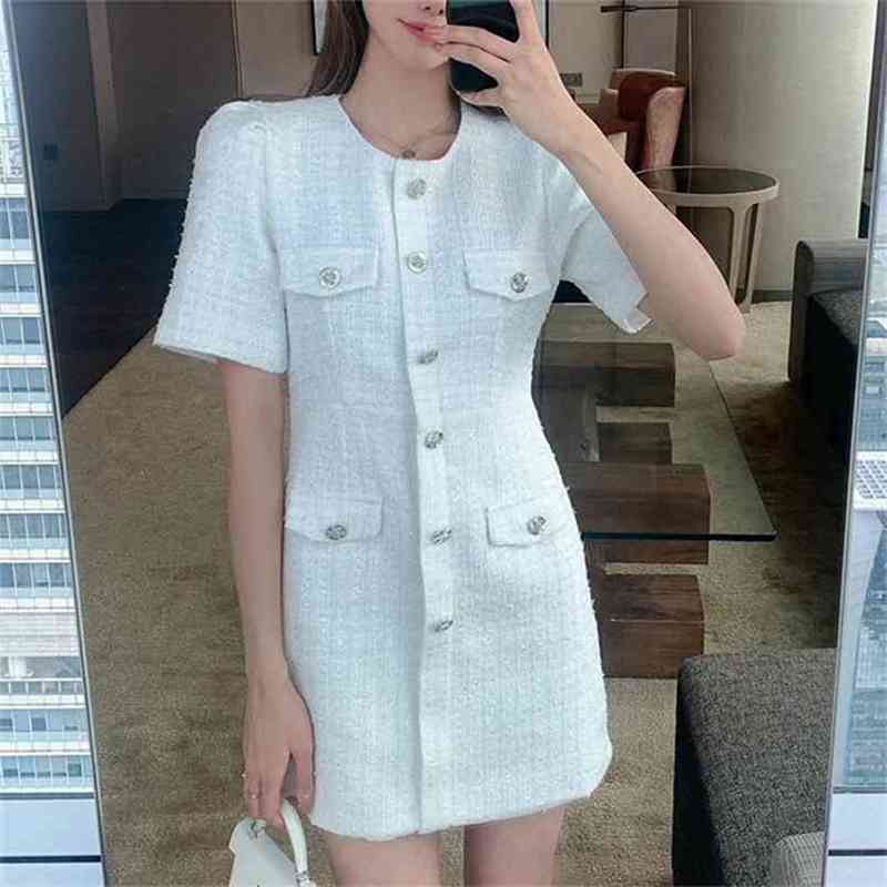

Women Dress Fall Retro Round Neck Bright Silk Embellished High Waist Slim-fit Over-the-knee Tweed Dresses 210603, Picture color