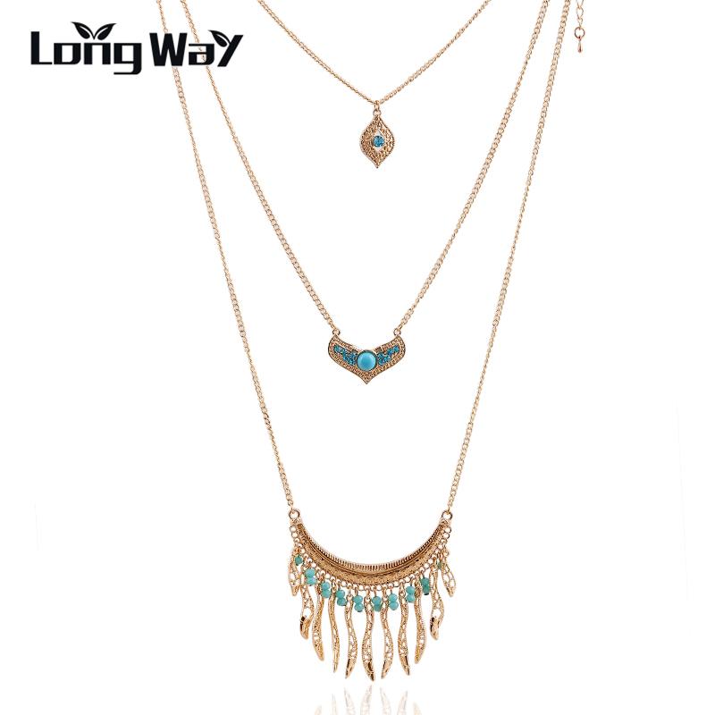 

Pendant Necklaces LongWay Blue Black Jewelry Crystal Rhinestone Necklace Gold Color Tassel Chain For Women Girls SNE160036103