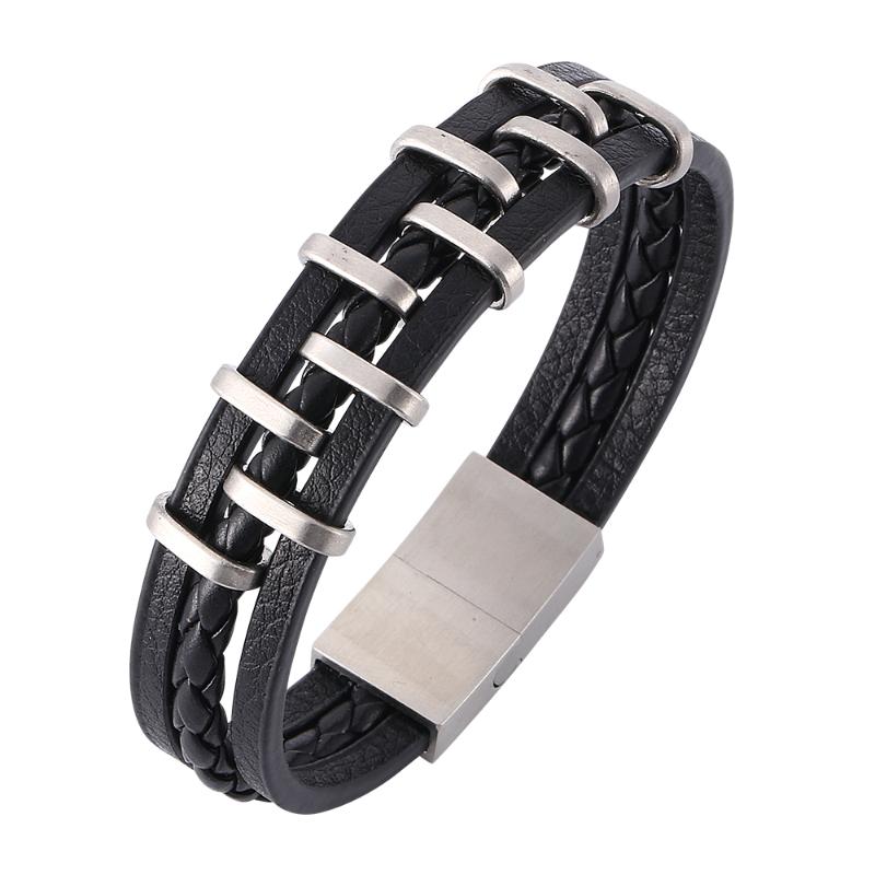 

Charm Bracelets Trendy Men Black Woven Leather Bracelet With 316L Stainless Steel Viking Beads Man Magnet Clasp Braided Bangle Jewelry E822