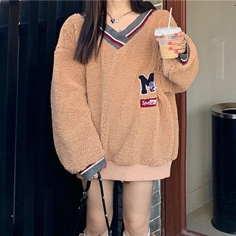 

2021 New Faux Lamb Wool Chic V-neck Sweatshirts Women Oversized Lovely Teens Girls Loose Casual Streetwear Winter Tops Clothes Ifd1, Khaki