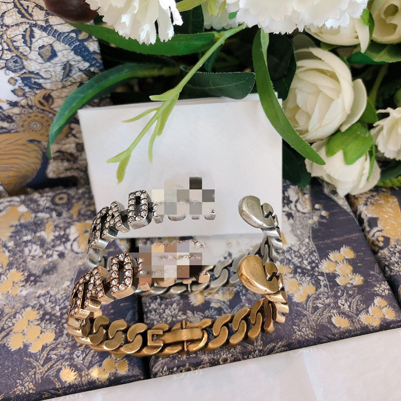 

D family Seiko 1:1 fashion full diamond antique gold letter open bracelet crystal diamond chain bracelet, Golden;silver