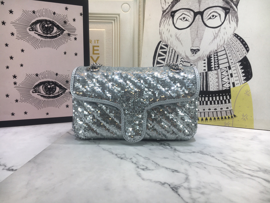 

446744 Marmont sequin embroidered quilted silk Sliding chain strap Metal logo lady pocket Flap top handle bags shoulder bags Cross-body bags