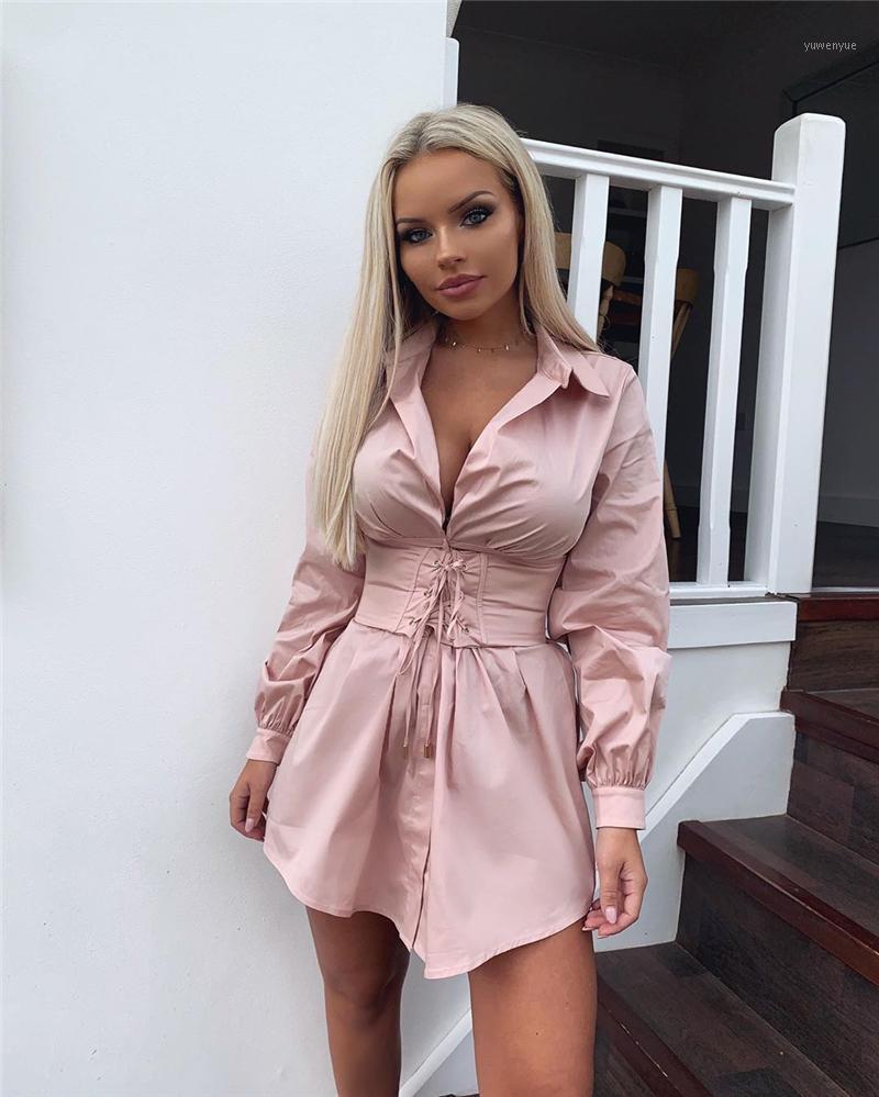 

Casual Dresses Long Sleeve Shirt Dress With Corset Belt Women Vintage Sexy Pink Fashion Party White 2021