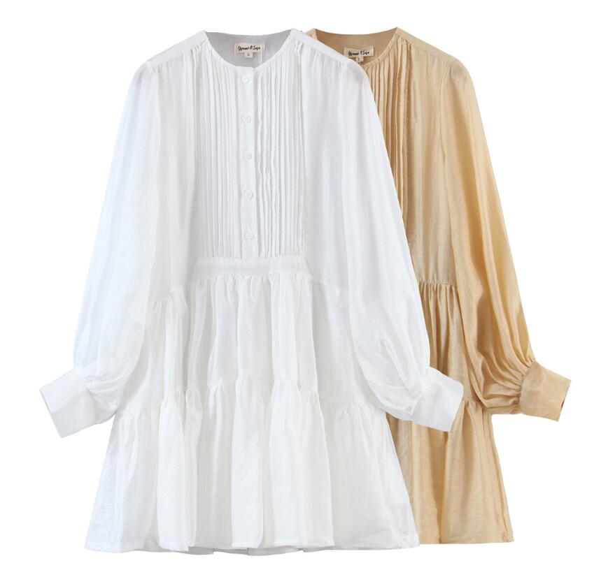 

2021 Vintage Open Buttons Round Collar Spliced Pleated Ruched Women Dress Holiday Lantern Sleeve Loose Dresses Beach, Red
