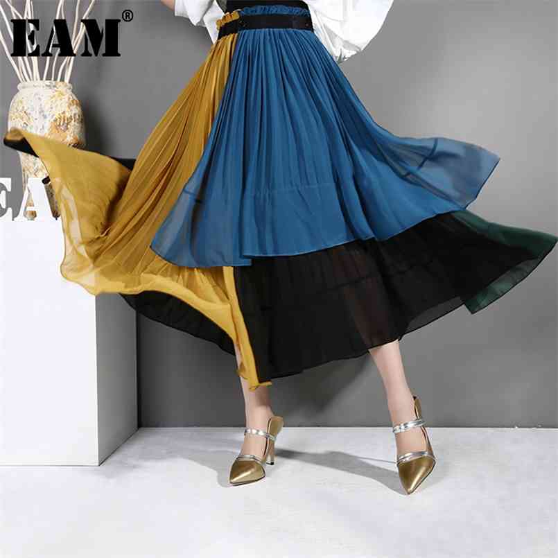 

[EAM] Spring Summer High Elastic Waist Blue Chiffon Hit Color Pleated Irregular Half-body Skirt Women Fashion JG20 210708