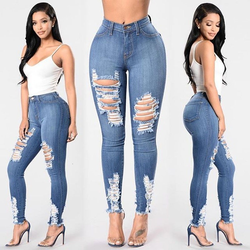 

2021 New High Waist Fashion Torn Jeans Elasticity Total Hollow Length Out Brim Pants for Woman Streetwear Female Pencil Hole 76fp, Blue
