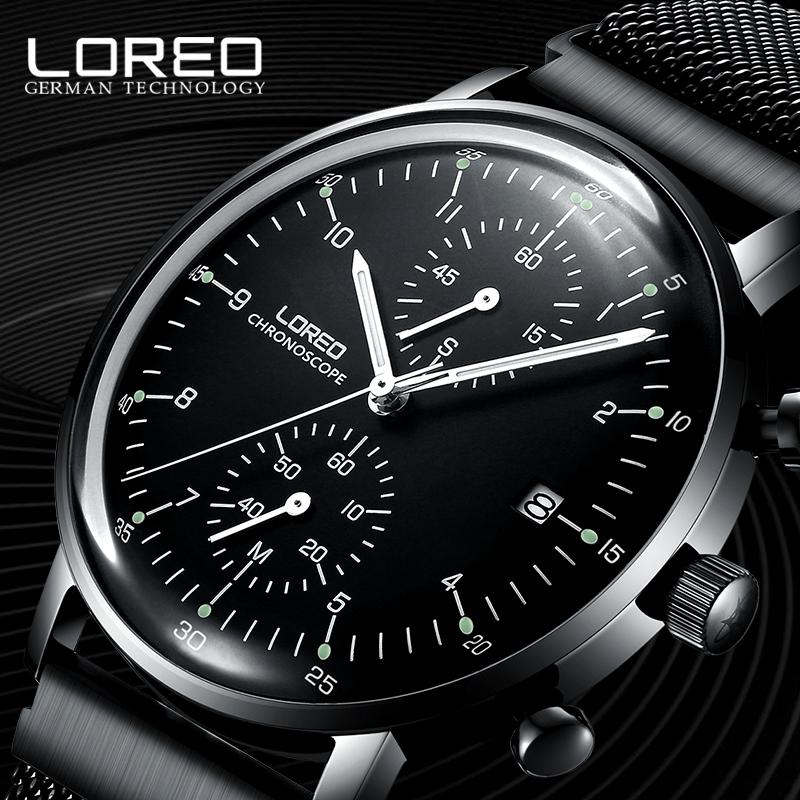 

Wristwatches Relogio Masculino LOREO Mens Watches Top Quartz Watch Calendar Luminous Waterproof Mesh Steel Band Simple Men, Black