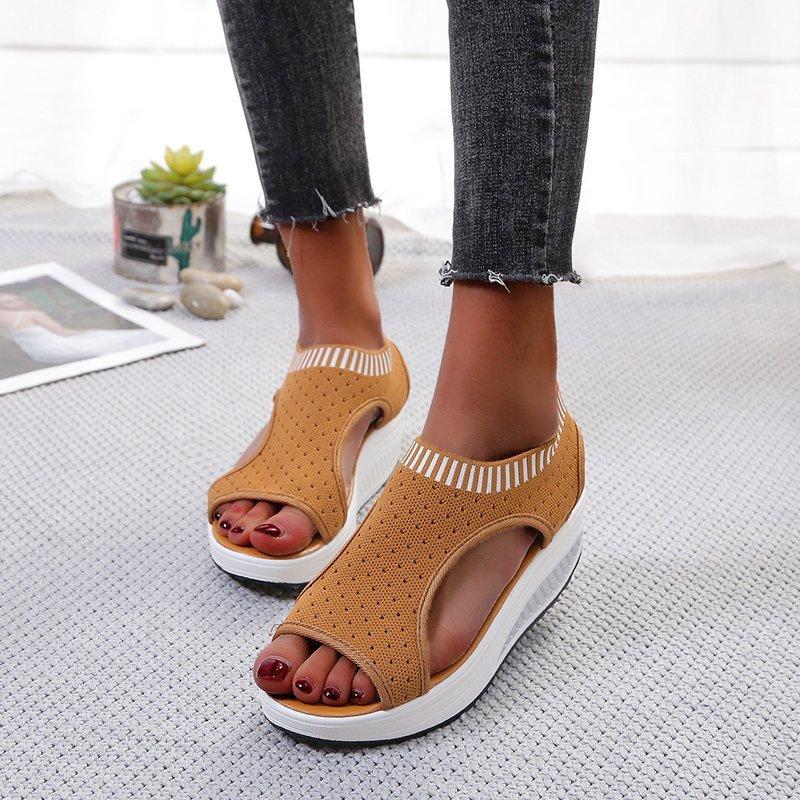 

Sandals women's high elastic flying woven mesh summer women's sandals in the heel simple hollow breathable shoes fashion, Beige