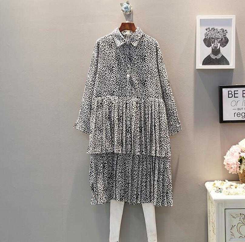 

Spring Summer Korean Shirt Dress Turn-down Collar Vintage Style Plus Size Pleated Chiffon Leopard 210615, Black