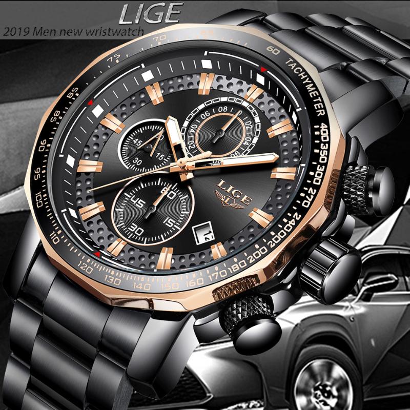 

Wristwatches LIGE 9902 Mens Stainless Steel Luxury Waterproof Fashion Quartz Watch Men Military Sports Chronograph Male, Black