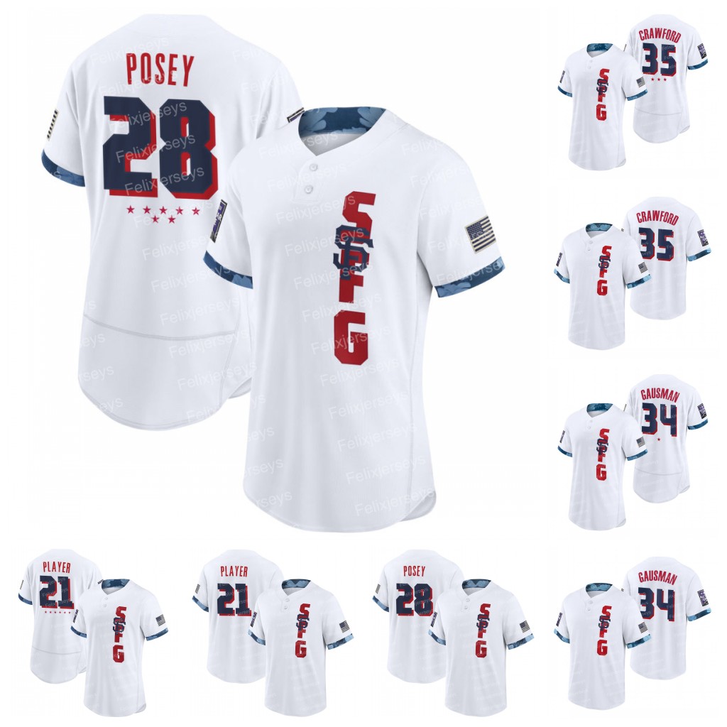 

28 Buster Posey Giants 2021 All-star Game Jersey 35 Crawford 34 Kevin Gausman 5 Mike Yastrzemski 10 Evan Longoria 9 Belt 22 Will Clark 66 Ja, Blue;black