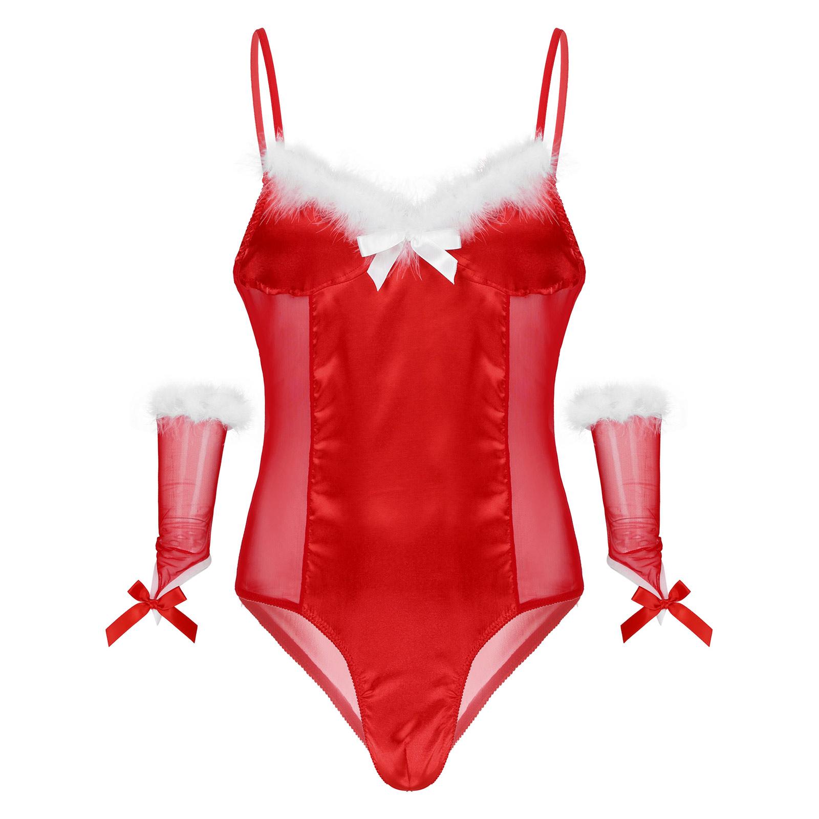 

Mens Lingerie Christmas Cosplay Costumes Lingerie Sissy Mesh Satin Patchwork Bodysuit Feather Trimming Jumpsuits with Oversleeve
