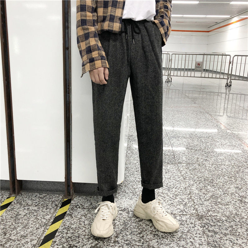 

2021 New Winter Woolen Men's Warm Fashion Retro Casual Men Streetwear Straight Leg Pants Mens Trousers M- Snfj, Black