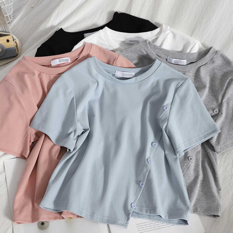 

Fashion Summer Women T-Shirt Casual Loose O-Neck Short Sleeve Asymmetric Button Female Tees Top W9234 210526, Blue