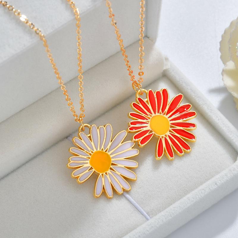 

Pendant Necklaces Enamel White Red Chrysanthemum Shaped For Women Plant Flowers Dangle Necklace Female Jewelry