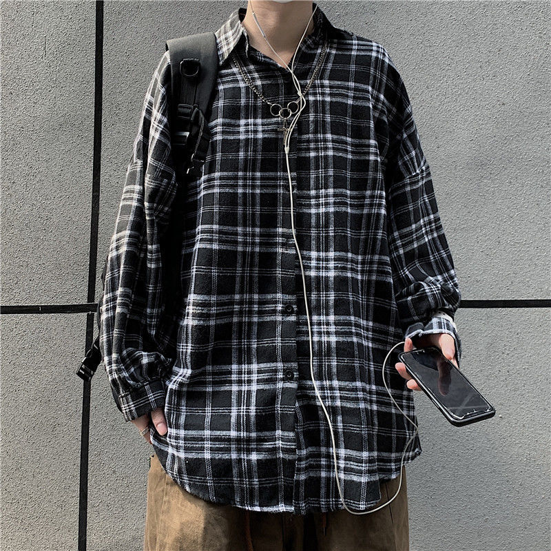 

2021 New Spring Cotton Plaid Men's Fashion Retro Casual Shirt Men Streetwear Korean Loose Oversized Long Sleeve Shirts Mens M- 0yts, Black