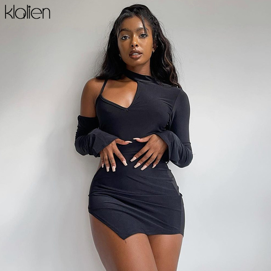 

fashion hollow out long sleeve streetwear slim stretch skinny mini bodycon dress for women autumn new y2k club, Black;gray