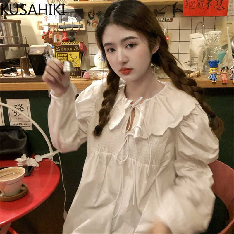 

Causal Sweet Women Doll Shirt Bow Tie Peter Pan Collar Blouse Spring Puff Sleeve Blusas Mujer De Moda 6G477 210603, Photo color
