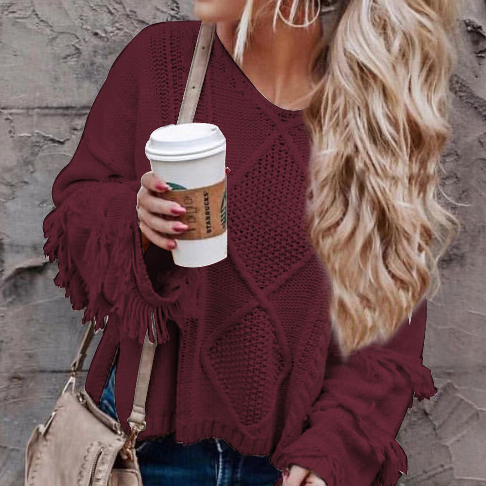 

2021 New Elegant Office Lady Sweater Solid Tassel Long Sleeve v Neck Loose Knitted Pullover Women's Oversized Jumper Winter Tops Tj2t, Dark red